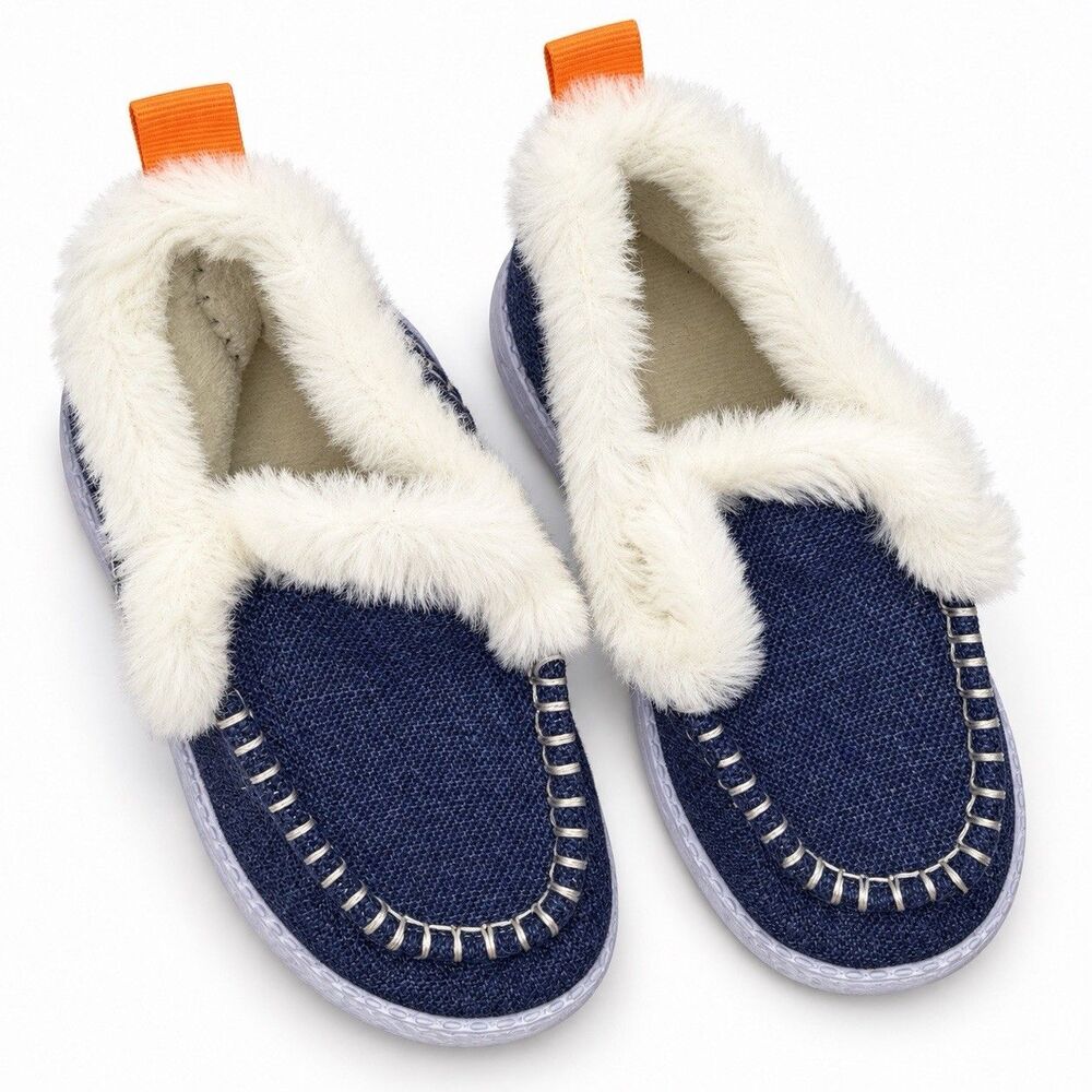 Navy Blue Faux Fur Lined Moccasin Slippers Womens EU 38 Cozy Slip On House Shoes